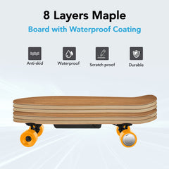 Caroma Electric Skateboards with Remote, 350W Brushless Motor, 12.4MPH Top Speed, 8 Miles Max Range, 3 Speed Mode E Skateboard, Orange Wheels