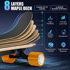 Caroma Electric Skateboards with Remote, 350W Brushless Motor, 12.4MPH Top Speed, 8 Miles Max Range, 3 Speed Mode E Skateboard, Orange Wheels
