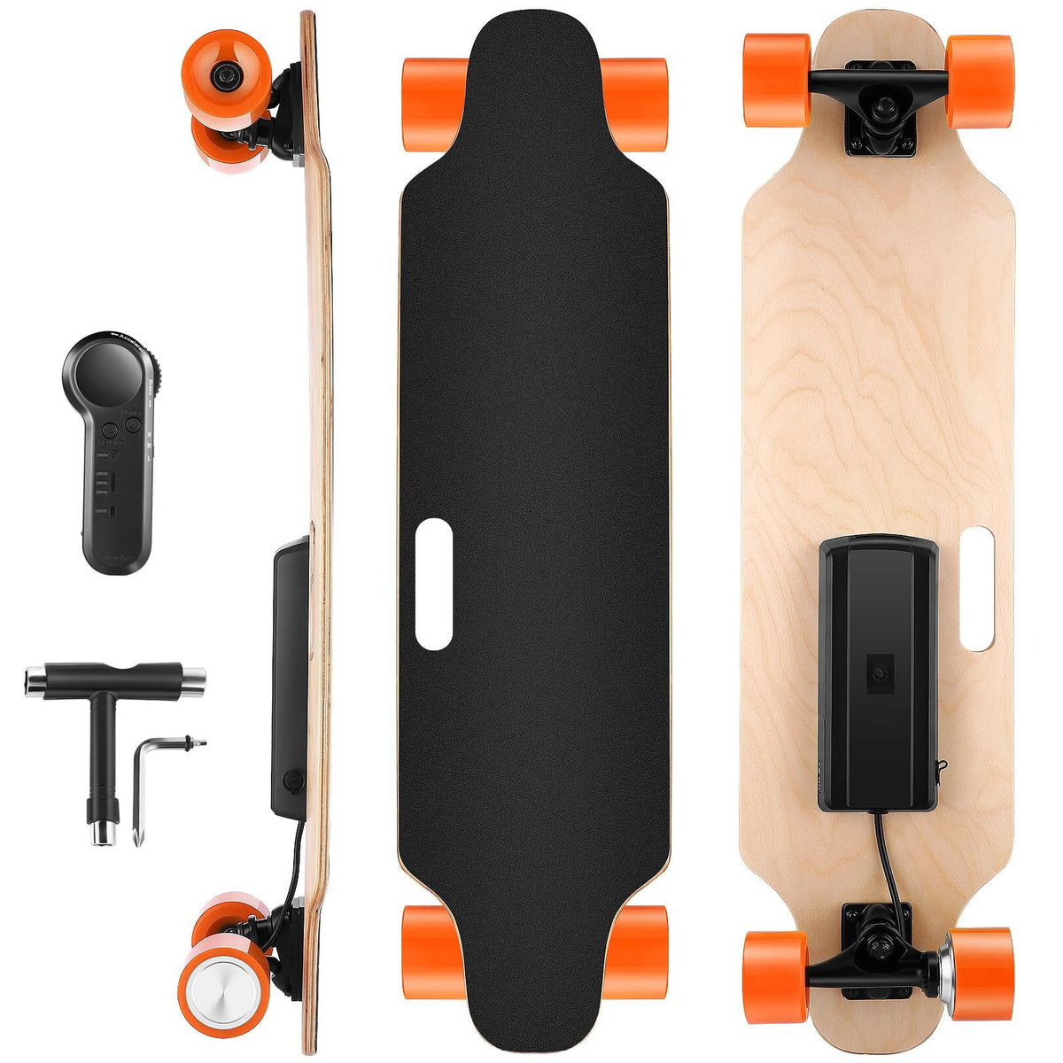 YUEBO Electric Skateboard Youth Electric Longboard with Wireless Remote Control, 12 MPH Top Speed, 10 Miles Range, 7 Layers Maple Longboard (Orange)