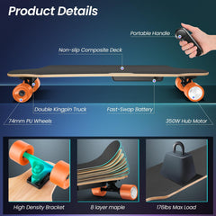 YUEBO Electric Skateboard Youth Electric Longboard with Wireless Remote Control, 12 MPH Top Speed, 10 Miles Range, 7 Layers Maple Longboard (Orange)