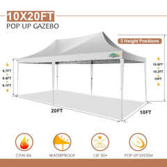 COBIZI 10x20 Pop Up Canopy Tent with 6 Sidewalls, Wedding Party Tent Outdoor Canopy UV50+ Waterproof Canopy Tent Event Shelter, 3 Adjustable Heights, with Carry Bag, White
