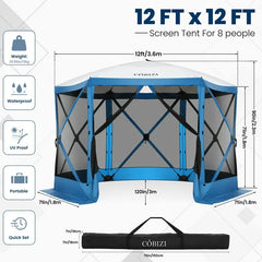 HOTEEL 12x12ft Pop Up Canopy Gazebo, Outdoor Canopy Tent Screen House with 6 sidewalls and Netting for Camping, Waterproof, UV Resistant, Ez Set-up Party Tent with Carrying Bag and Ground Stakes,Blue