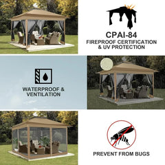 COBIZI 12x12 Outdoor Gazebo Pop Up Gazebo Canopy with Mosquito Netting Patio Tent Backyard Canopy with 2-Tiered Vented Top 3 Adjustable Height, Brown