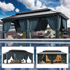 HOTEEL 10'x15' Hardtop Gazebo, Outdoor Steel Double Galvanized Roof Canopy, Aluminum Frame Permanent Pavilion Metal Gazebo with Curtains and Nettings, Sunshade for Patios, Gardens, Lawns, Brown