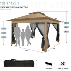 COBIZI 12x12 Outdoor Gazebo Pop Up Gazebo Canopy with Mosquito Netting Patio Tent Backyard Canopy with 2-Tiered Vented Top 3 Adjustable Height, Brown