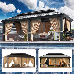 HOTEEL 10'x15' Hardtop Gazebo, Outdoor Steel Double Galvanized Roof Canopy, Aluminum Frame Permanent Pavilion Metal Gazebo with Curtains and Nettings, Sunshade for Patios, Gardens, Lawns, Brown