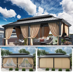 HOTEEL 12' x 20' Hardtop Heavy-Duty Gazebo with Galvanized Steel Double Roof, Hot Tub Gazebo with Fire-Resistant Curtains and Mesh Screen, Aluminum Frame Outdoor Canopy for Patios and Parties