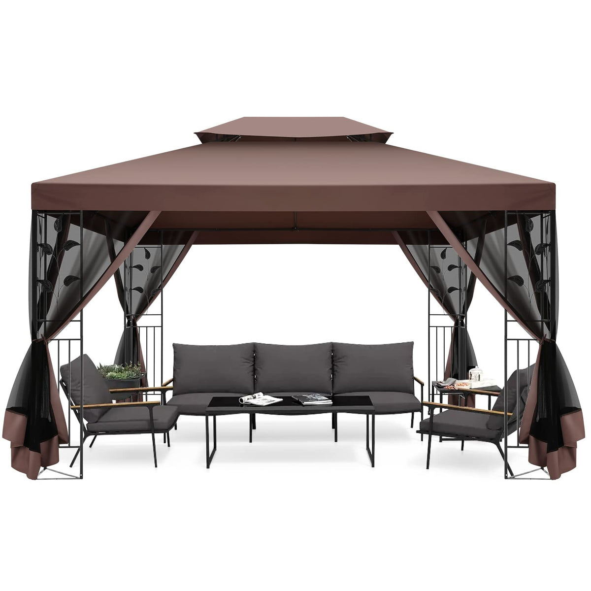 Hoteel 10x13 Outdoor Gazebo, Garden Tent for Patio Canopy with Leaf Screen Steel Frame and Mosquito Netting, Double Roof Canopy Tent for Deck, Backyard, Garden and Lawns