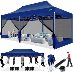 COBIZI 10x20 Heavy Duty Canopy Tent, Pop up Gazebo with Netting Screened ,Waterproof Ez up Canopy with Sidewalls, Outdoor Instant Party Tent for Backyard,Dark Blue