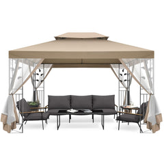 HOTEEL 10'x 13' Metal Patio Gazebo, Outdoor Gazebo Canopy Tent for Backyard with Mosquito Netting, Gazebos Shelter with Steel Frame, Patio Covers for Shade and Rain, Khaki