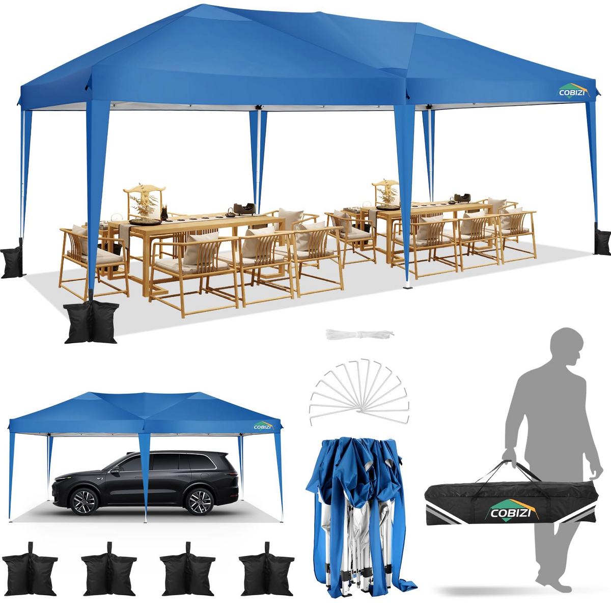COBIZI 10'x20' Pop up Canopy,Waterproof Outdoor Commercial Instant Tent,for Parties Beach Camping Event Shelter Wedding,Blue