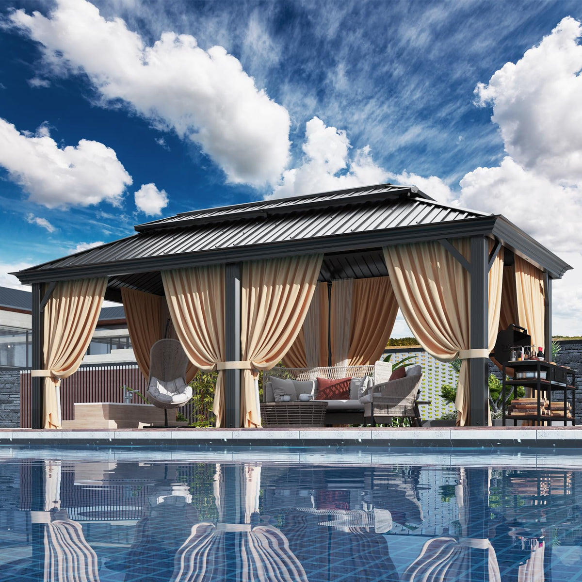 HOTEEL 12' x 20' Hardtop Heavy-Duty Gazebo with Galvanized Steel Double Roof, Hot Tub Gazebo with Fire-Resistant Curtains and Mesh Screen, Aluminum Frame Outdoor Canopy for Patios and Parties