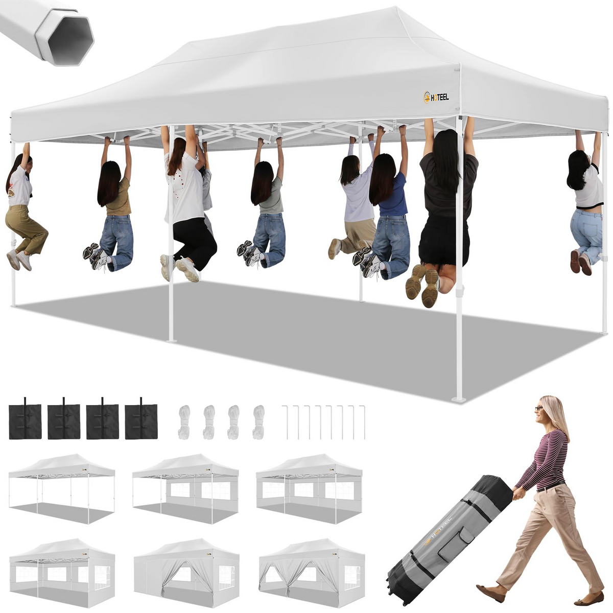 HOTEEL 10x20 Pop up Canopy Tent with 6 Sidewalls Heavy Duty Party Tent Easy Up Commercial Canopy Tents for Parties with Waterproof & UV 50+ Roller Bag Sand Bags, White (Upgraded Frame & Windprood)