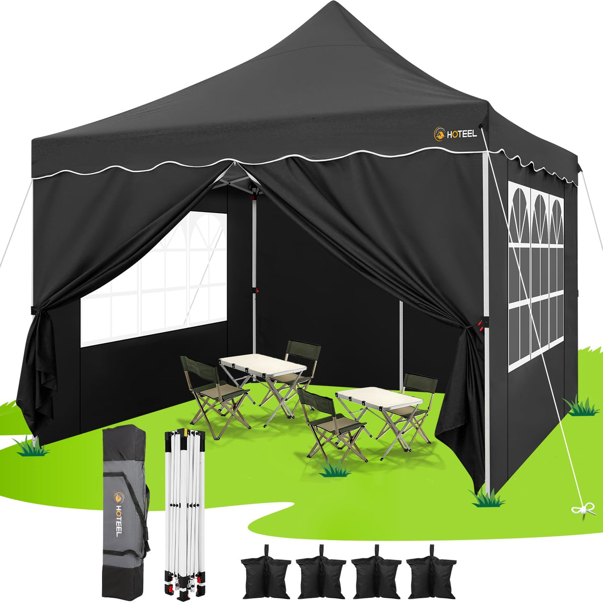 HOTEEL 10x10 Pop Up Canopy , UPF 50+ Easy Setup Canopy Tent Waterproof Outdoor Instant Portable Shelter with 4 Removable Sidewalls, Sandbags, Stakes & Ropes for Party, Events, Vendor