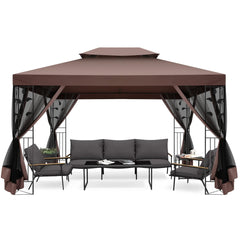 COBIZI 10' x 13' Pop Up Gazebo, Screened Patio Gazebo, Outdoor Steel Double Roof Canopy Tent, Metal Frame Canopy with Mosquito Netting, Sunshade for Garden, Lawns, Brown
