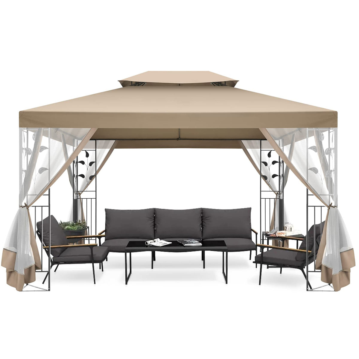 COBIZI 10' x 13' Pop Up Gazebo, Screened Patio Gazebo, Outdoor Steel Double Roof Canopy Tent, Metal Frame Canopy with Mosquito Netting, Sunshade for Garden, Lawns, Brown