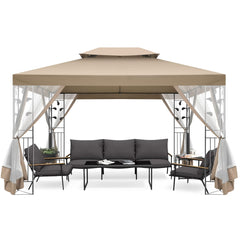 COBIZI 10' x 13' Pop Up Gazebo, Screened Patio Gazebo, Outdoor Steel Double Roof Canopy Tent, Metal Frame Canopy with Mosquito Netting, Sunshade for Garden, Lawns, Brown
