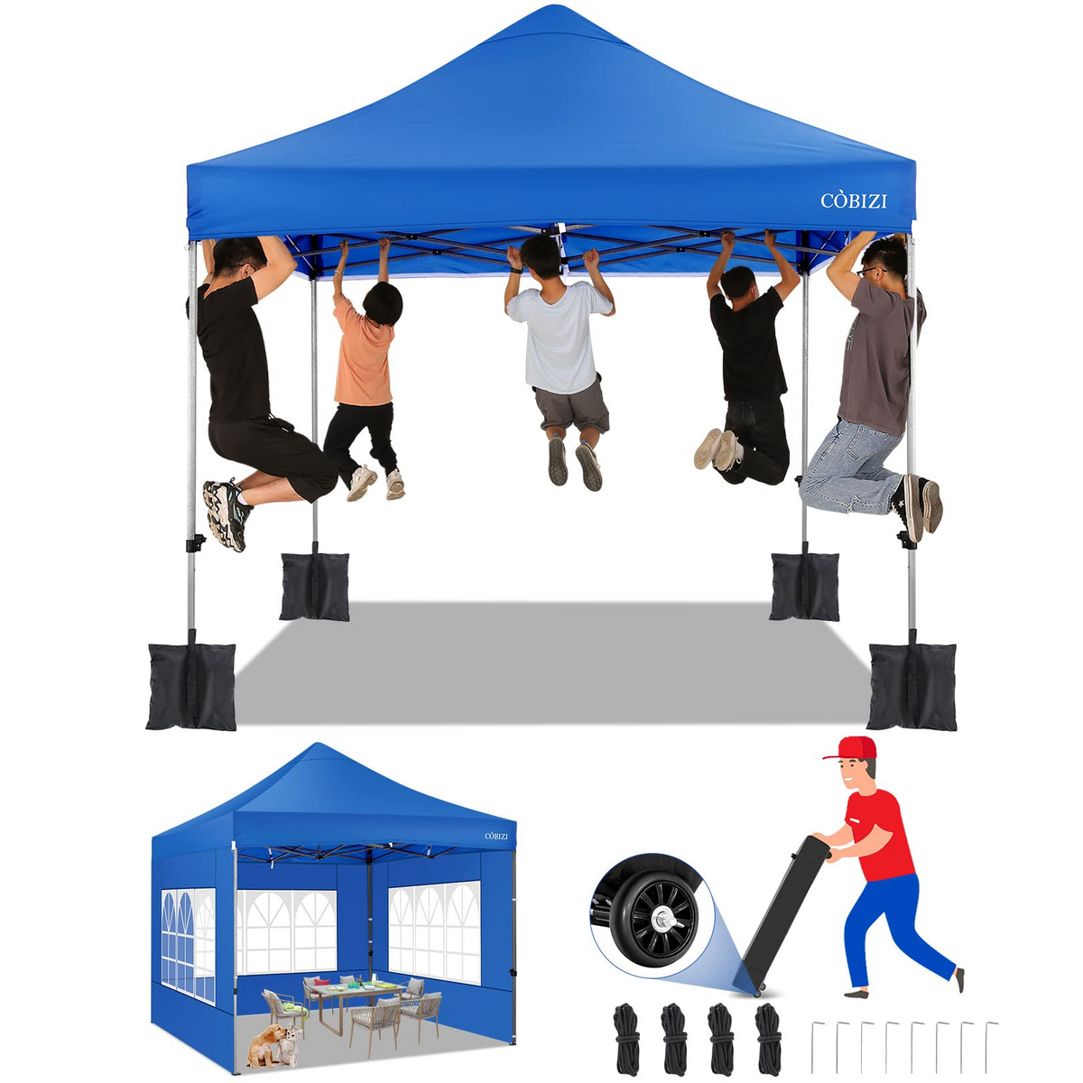 COBIZI 10 x10 Pop up Commercial Canopy, Heavy Duty Canopy Tent with 4 Sidewalls, Instant Outdoor Party Tent,Windproof & Waterproof Gazebo with Roller Bag,Blue (Frame Thickened)