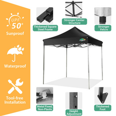 COBIZI 6.5x6.5 FT Pop up Canopy, Waterproof Commercial Canopy Tent,Outdoor Garden Gazebo, with Carry Bag,Black