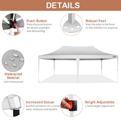 COBIZI 10x20 Pop up Canopy Gazebo, Outdoor Canopy Tent with 6 Removable Sidewalls, Easy up Sun Shade UV Blocking Waterproof Outdoor Tent for Backyard, Parties, Wedding, Birthday, BBQ, White