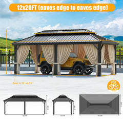 HOTEEL 12' x 20' Hardtop Heavy-Duty Gazebo with Galvanized Steel Double Roof, Hot Tub Gazebo with Fire-Resistant Curtains and Mesh Screen, Aluminum Frame Outdoor Canopy for Patios and Parties