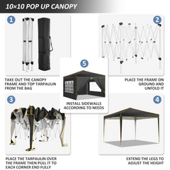YUEBO 10 x 10ft Heavy Duty Folding Tent Easy Set-up Straight Leg Canopy Portable Gazebo Outdoor Camping Party Instant Shelter with Wheeled Carry Bag, Black