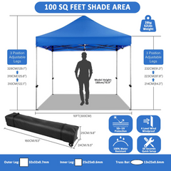 COBIZI 10 x10 Pop up Commercial Canopy, Heavy Duty Canopy Tent with 4 Sidewalls, Instant Outdoor Party Tent,Windproof & Waterproof Gazebo with Roller Bag,Blue (Frame Thickened)