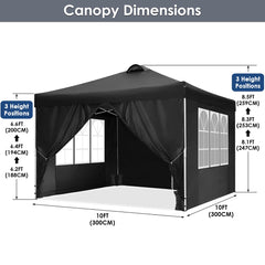 COBIZI Canopy 10x10 Waterproof Pop up Canopy Tent with 4 Sidewalls Outdoor Event Shelter Tent for Parties Sun Shade Party Commercial Canopy with Air Vent & Carry Bag, Black