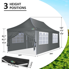 COBIZI 10'x20' Pop up Canopy with 6 Removable Sidewalls, Outdoor Canopy Tents for Partie Wedding, Instant Sun Protection Shelter with Upgrade Raised Roof and Carry Bag,Gray