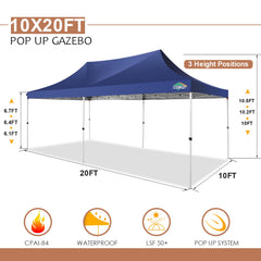 COBIZI 10x20 Canopy Tent with Sidewalls, 3 Adjustable Height Commercial Canopy, Pop Up Party Canopy with 12 Stakes & 6 Ropes,Blue