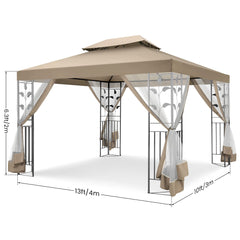 HOTEEL 10'x 13' Metal Patio Gazebo, Outdoor Gazebo Canopy Tent for Backyard with Mosquito Netting, Gazebos Shelter with Steel Frame, Patio Covers for Shade and Rain, Khaki