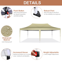 COBIZI 10x20 Canopy Tent with Sidewalls, 3 Adjustable Height Commercial Canopy, Pop Up Party Canopy with 12 Stakes & 6 Ropes,Khaki