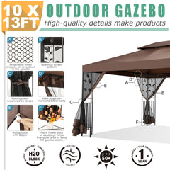 COBIZI 10x13 Outdoor Gazebo, Garden Tent for Patio Canopy with Leaf Screen Steel Frame and Mosquito Netting