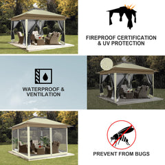 HOTEEL 12'x12' HOME Outdoor Pop-up Patio Gazebo with Expansion Bolts, Heavy Duty Party Tent & Shelter with Double Roofs, Mosquito Nettings and Privacy Screens for Backyard, Garden, Lawn, Khaki