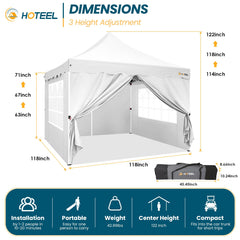 HOTEEL 10x10 Pop Up Canopy , UPF 50+ Easy Setup Canopy Tent Waterproof Outdoor Instant Portable Shelter with 4 Removable Sidewalls, Sandbags, Stakes & Ropes for Party, Events, Vendor