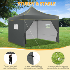 HOTEEL Canopy Tent, 10x10 Pop Up Canopy, Outdoor Tent with Mesh Window, Instant Tents for Party, Camping, Commercial, Waterproof Gazebo with 4 Removable Sidewalls, Carry Bag, Gray