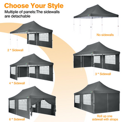 COBIZI 10'x20' Pop up Canopy with 6 Removable Sidewalls, Outdoor Canopy Tents for Partie Wedding, Instant Sun Protection Shelter with Upgrade Raised Roof and Carry Bag,Gray