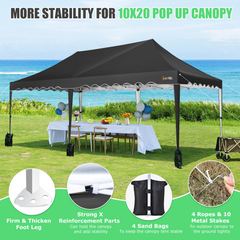 HOTEEL Canopy Tent 10X20 Pop Up Canopy, Outdoor Canopy with Wheeled Bag & Curled Edge, Ez Up Tents for Parties, Wedding, Backyard, Camping, Black