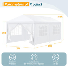 HOTEEL 10'x20' Canopy Party Tent with 4 Removable Sidewalls, Outdoor Tent for Parties, Event Tent, Large Canopy Tent for Weddings, Parties, Patio Camping Gazebo, All Season & Waterproof, White