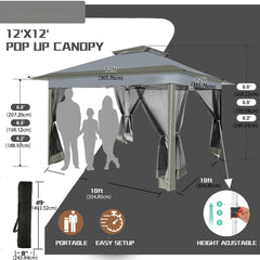 Hoteel 12' x 12' Adjustable Height Pop-up Gazebo Tent Fully Waterproof Instant Outdoor Canopy Folding Shelter with 6 Mosquito Nettings, Double Roofs, Privacy Screens for Backyard, Garden, Lawn, Gray