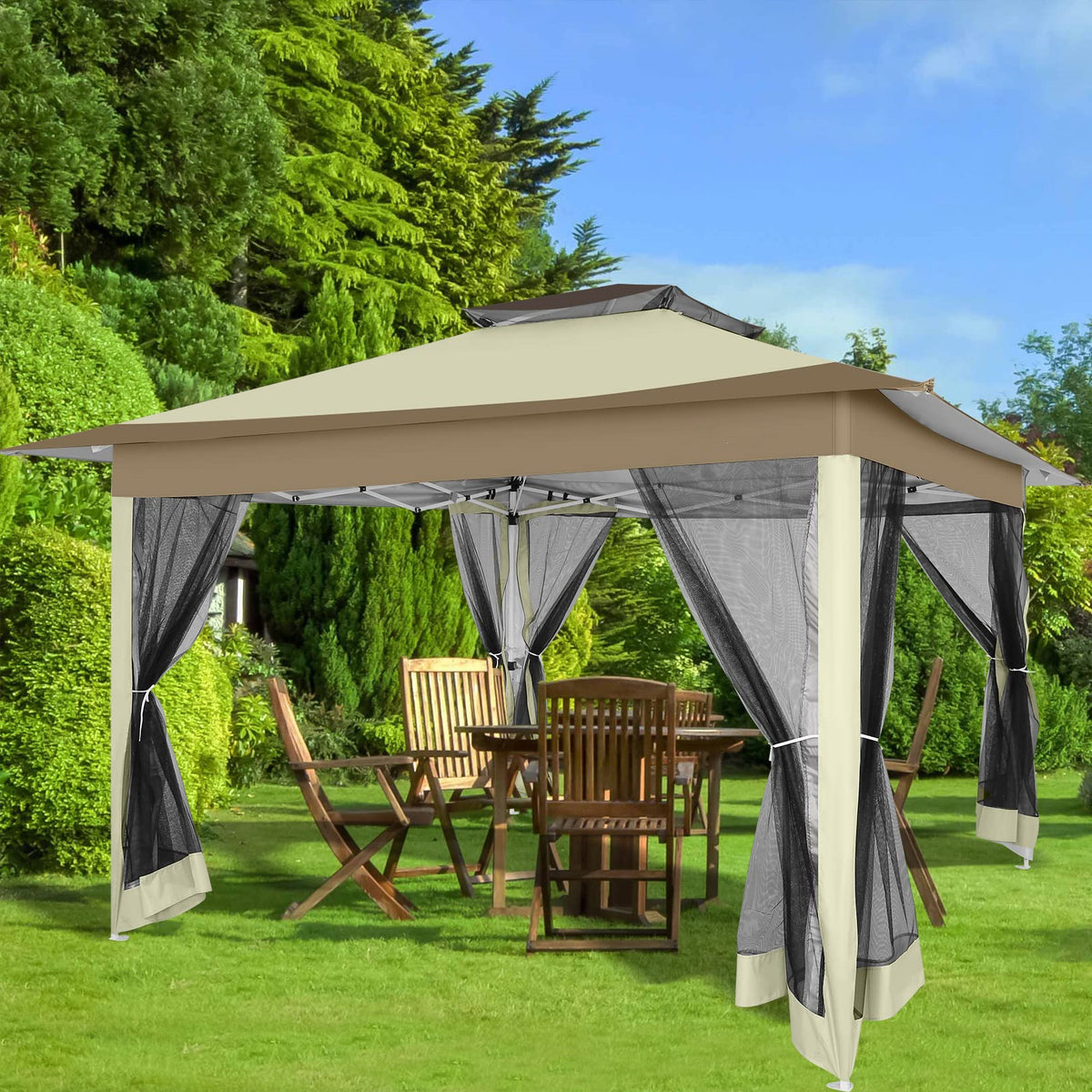Hoteel Gazebo 12x12 Outdoor Pop Up Canopy with 6 Mosquito Nettings, Patio Gazebo Canopy Tent Backyard Canopy with 2-Tiered Vented Top 3 Adjustable Height and 144 Square Ft of Shade