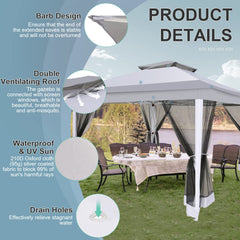 Hoteel 12'x12' Pop Up Gazebo Patio Outdoor Canopy Tent with 8 Mosquito Nettings, Adjustable Height and 144 Square ft of Shade for Garden, Party, Backyard with Vented Top, Storage Bag, Sandbags, Gary