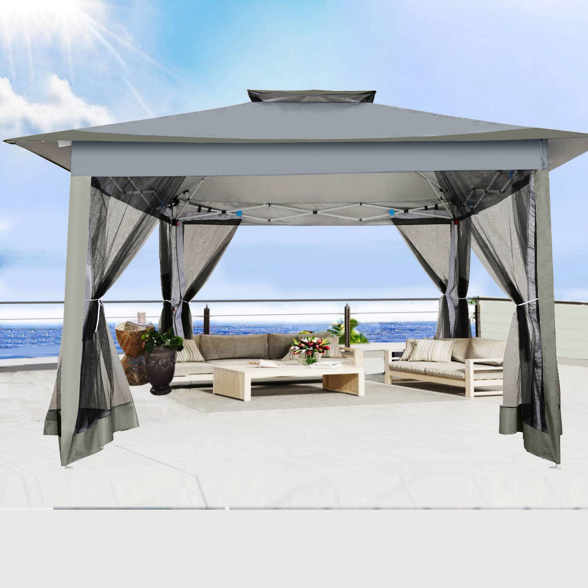 COBIZI 12'x12' Outdoor Pop-up Gazebo Canopy with Mosquito Netting 2-Tiered Vented Top 3 Adjustable Height for Backyard, Garden, Lawn