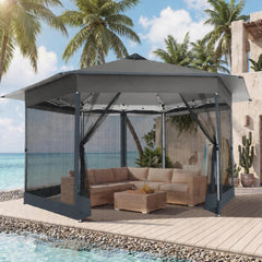 13x13 Pop Up Gazebo Tent with Mosquito Netting, Hexagonal Outdoor Canopy Shelter, Patented Center Lock 6-Sided Portable Gazebos, Pop Up Canopy Tent for Lawn, Garden, Backyard