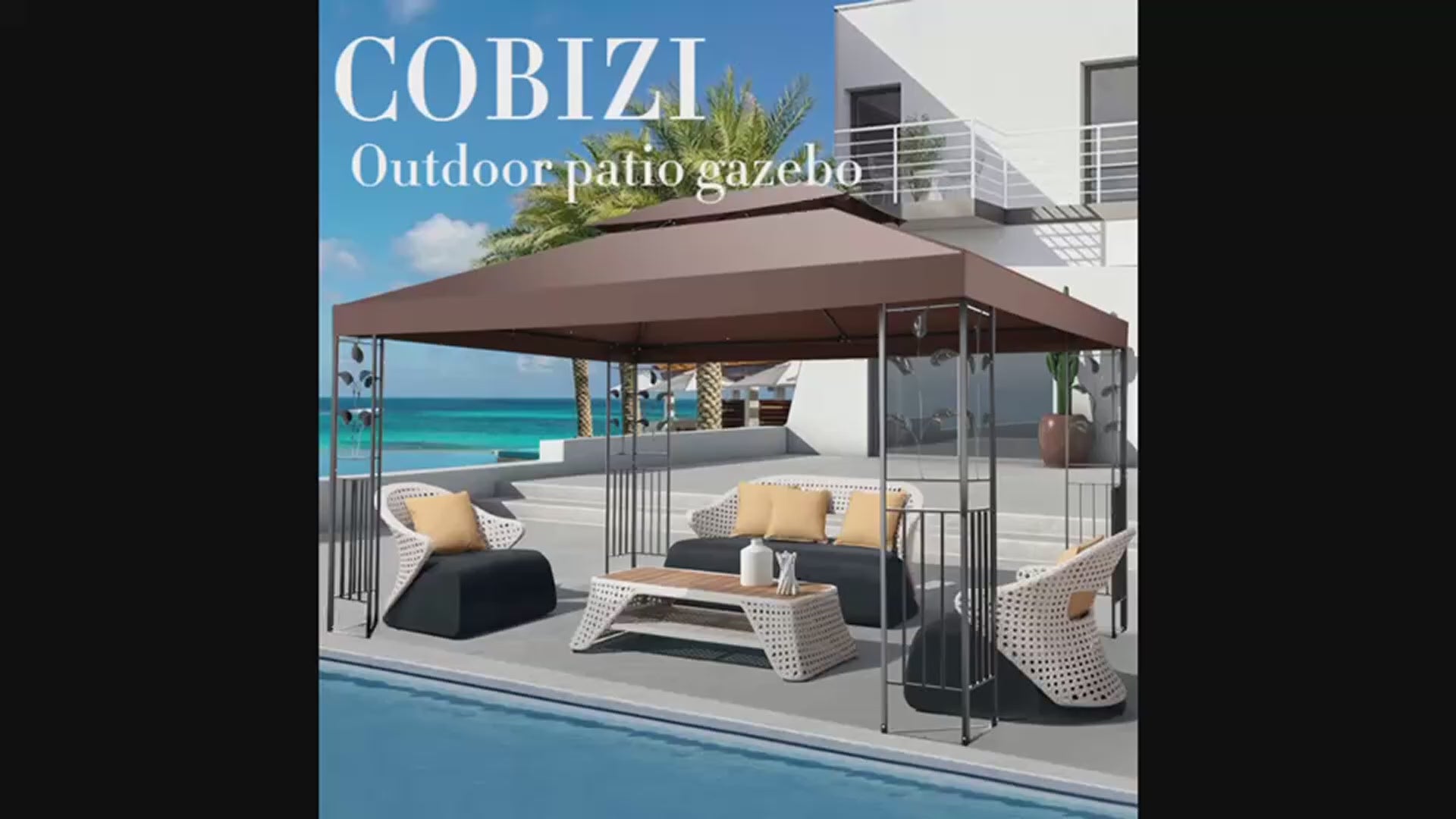 COBIZI 10' x 13' Pop Up Gazebo, Screened Patio Gazebo, Outdoor Steel Double Roof Canopy Tent, Metal Frame Canopy with Mosquito Netting, Sunshade for Garden, Lawns, Brown