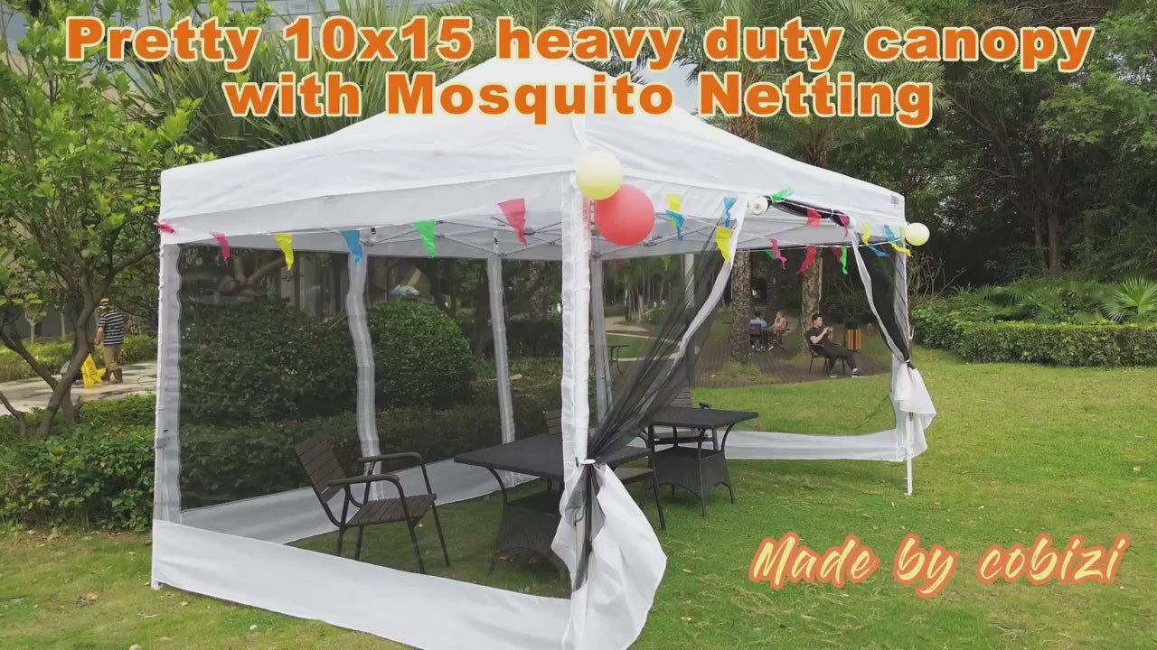COBIZI 10‘x15’ Heavy Duty Canopy Tent, Pop up Gazebo with Netting Screened ,Waterproof Ez up Canopy with Sidewalls, Outdoor Instant Party Tent for Backyard,Gray