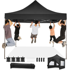 YUEBO 10x10 Pop up Canopy Instant Commercial Canopy Including 4 Removable Sidewall, 4 Ropes, 8 Stakes, 4 Weight Bags, with Roller Bag, Black