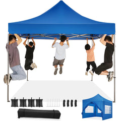 10x10ft Pop Up Canopy, YUEBO One Push Tent Canopy w/Button Push, Straight Legs, Wheeled Carry Case, 8 Stakes - Navy Blue