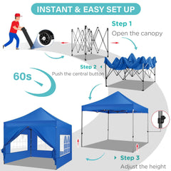 10x10ft Pop Up Canopy, YUEBO One Push Tent Canopy w/Button Push, Straight Legs, Wheeled Carry Case, 8 Stakes - Navy Blue