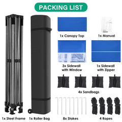 10x10ft Pop Up Canopy, YUEBO One Push Tent Canopy w/Button Push, Straight Legs, Wheeled Carry Case, 8 Stakes - Navy Blue